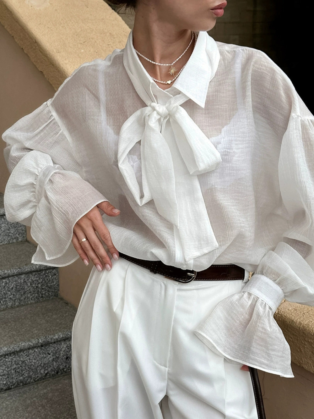ZARA Sexy Sheer White Tencel Tie Front Blouse Spring Summer Crepe Top Women
